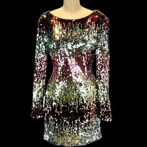 Sequin prom dress‎ formal dance party shirt mini long sleeve sparkle glamour y2k
